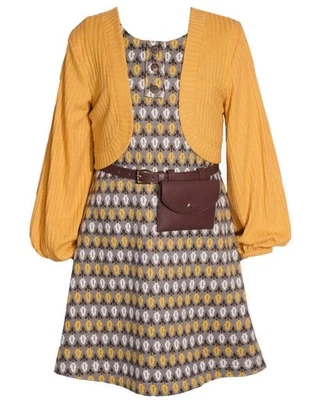 NUEVO Conjunto de Vestido Suéter Cárdigan Bonnie Jean Niñas Talla 12 "MARRÓN Y AMARILLO" NUEVO CON ETIQUETAS Foto 1 de 4