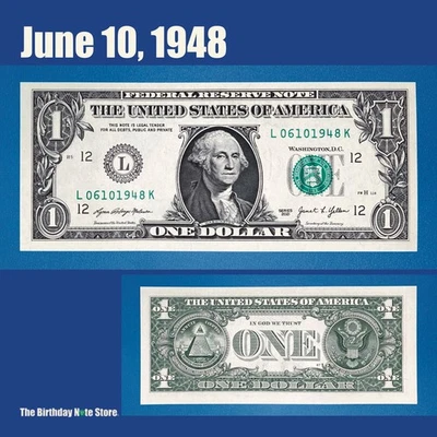 June 10, 1948 Birthday Anniversary $1 One Dollar Bill Serial Number 06101948 - Image 1 of 2