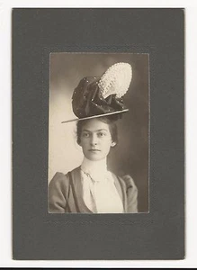 PRETTY WOMAN AND HER UNUSUAL HAT (POST CABINET CARD ERA PHOTOGRAPH) - Picture 1 of 2