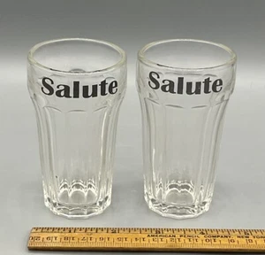 2 Vtg Hazel Atlas Clear Drinking Glass Paneled Whiskey Tumblers “Salute” Print - Picture 1 of 5