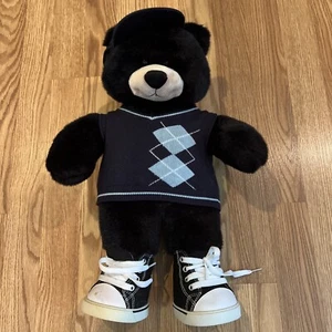 Build A Bear Black BAB Teddy Bear Plush Stuffed Animal Preppy Blue Knit Vest/Hat - Picture 1 of 17