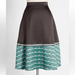 Modcloth Hutch On the Brink of Brilliant ALine Plaid Satin Skirt Black Green M - Picture 1 of 8
