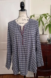 J Jill Damen karierte Baumwollmischung Langarm 1/2 Knopf Schößchen Bluse Größe XL - Bild 1 von 12