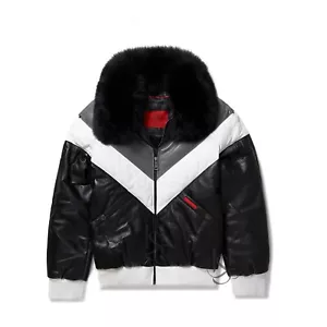 Men's V-Bomber Sheep Leather Faux Goose Jacket with Detachable Fox Fur Collar UK - Picture 1 of 6