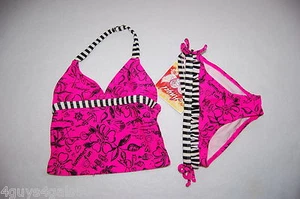 Girls 2 PC TANKINI SET Swimsuit HOT PINK Flowers Flamingo BLACK WHITE Stripe 5 - Picture 1 of 2
