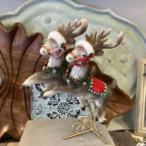 Reindeer flying pair on gold stand Plastic Leaping Dressed 10 1/2”H Christmas - Picture 1 of 10