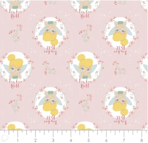 Disney's Peter Pan & Tinkerbell Floral Badges Lt. Pink Cotton Fabric by the Yard - Picture 1 of 1