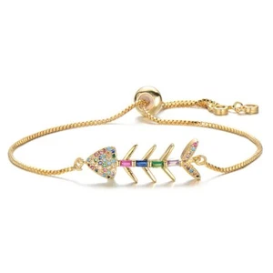 Cute Fishbone Sea Rainbow Cubic Zirconia Yellow Gold Thin Adjustable Bracelet - Picture 1 of 5