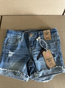 Hippie Girl NWT Girls Size 5 Shortie Reg-Rise Stretch Lace Trim Denim Shorts - Picture 1 of 10