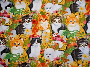 Cat Fabric 1 7/8 Yard Kitten In The Garden Floral Grass Butterfly Premium Cotton - Picture 1 of 2