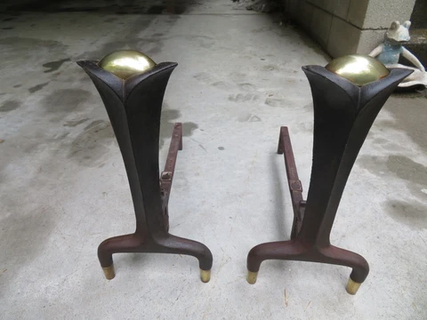 Vintage Pair Donald Deskey Bennett Fireplace Andirons Brass MCM Deco 1950's Cover