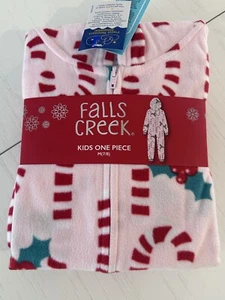 NWT Falls Creek Kids Christmas Pajamas Sz M 7/8 Pink Candy Cane Hooded One Piece - Picture 1 of 6