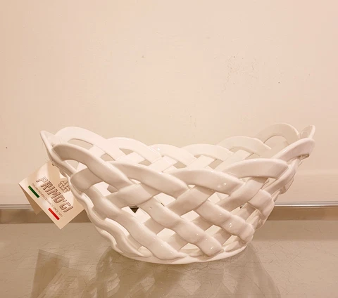 PRIMO'GI Italy Ceramic Woven White Oval Bread Basket 11.5" x 8.5" NEW Cover
