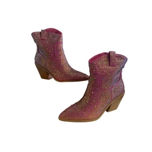 Women's Sparkly Glitter Rhinestone Cowboy Ankle Boots Size 8.5 Pink Pointed Toe - Picture 1 of 5