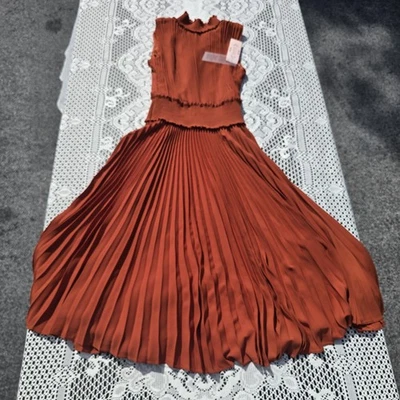 Nanette Lepore Dress Womens 2 Rust Orange Pleated Midi Sleeveless Ruffle Neck - Image 1 of 4
