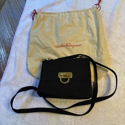 Salvatore Ferragamo Black Viscose Crossbody Bag with Gold Hardware - Image 1 of 4