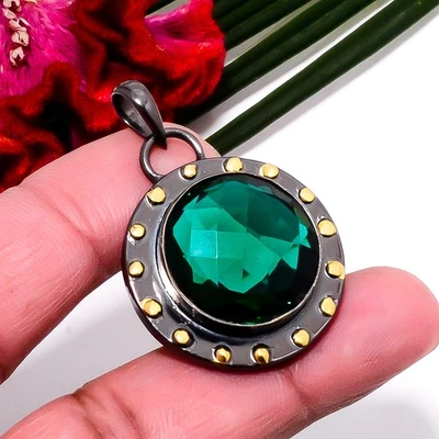 Colgante de plata de ley 925 enchapado en oro y negro cromado con diopsido 1,64" sku51 Foto 1 de 4