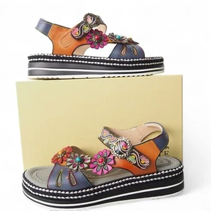 L'Artiste by Spring Step Laga Floral Slingback Leather Sandals Navy Women's 9/40 - Picture 1 of 11