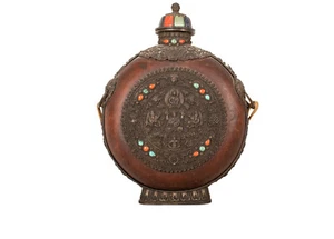 Eine Antike Silbermontierte Pilgerflasche aus Holz , Tibet oder Mongolei - Bild 1 von 11