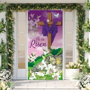 Happy Easter Day Decorations Easter Door Cover Easter Religious Door Cover He Is - Picture 1 of 7