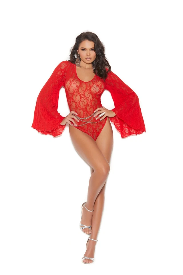 sexy ELEGANT MOMENTS sheer LACE long BELL sleeve CUTOUT back CHEEKY teddy ROMPER - Image 1 of 1