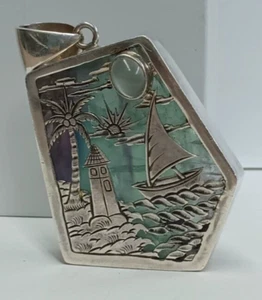 Ocean Scene Large Sterling Silver & Fluorite Pendant - Picture 1 of 6
