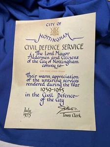1945 Civil Defense Service Certificate For The City Of Nottingham, England - Picture 1 of 13