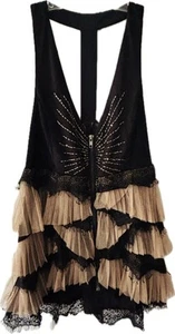 BKE Boutique zip front lace, tulle & beaded sleeveless T back halter top. Sz S - Picture 1 of 4