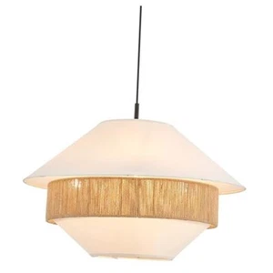 24” Boho Chandelier Hand Woven Rattan Off White Fabric Pendant Light - Picture 1 of 8
