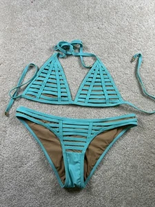 Beach Bunny Bikini Womens Large Blue Strappy Mesh Cutout Swimsuit Set Swimwear - Picture 1 of 9