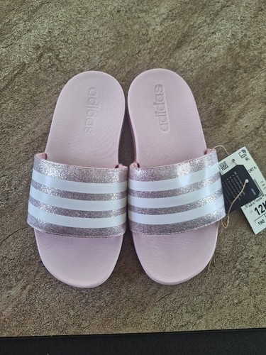 Sandali da bagno Adidas Adilette Comfort bambina morbidi slide rosa bianco taglia 12 nuovi