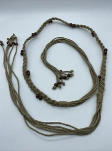 Boho Cotton Woven Tan Thread String Brown Bead Belt Women's Size L 62" End-End - Picture 1 of 7