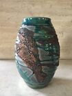 Alex Long Raku Lava Glaze Vase Green Copper Ribbed California Studio Pottery