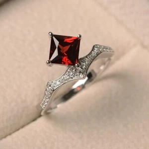 Red Garnet Stack Ring Square Cut Natural Gemstone 925 Sterling Silver Ring - Picture 1 of 5