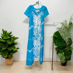 Vintage SAND PEBBLES of Hawaii Blue / White Floral Maxi Dress Mumu Size L - Picture 1 of 3