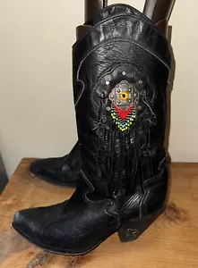 Damen-Cowboystiefel 8,5 schwarz Leder, Vintage Sternzeichen, indische Perlen mit Fransen - Bild 1 von 14