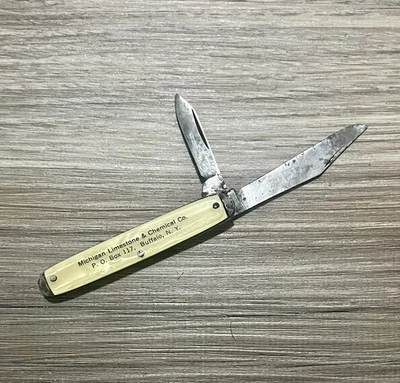 Navaja de Bolsillo Plegable Colonial Vintage 2 Hojas EE. UU. Publicidad Michigan Piedra Caliza Foto 1 de 4