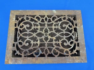 C.1880 Ornate Iron Floor Grate, Vent Louvers OPEN Easily, 13.75" x 9.75" - Picture 1 of 16