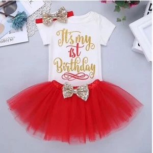 My 1st Birthday Tutu dress with headband Baby Girls red white gold short sleeve - Picture 1 of 13