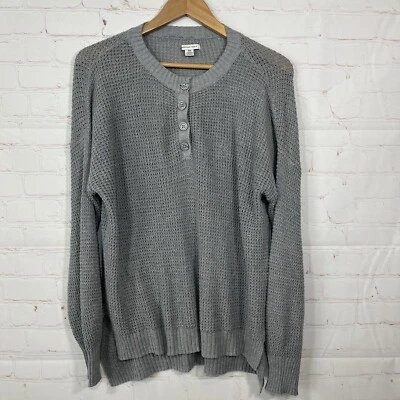 Camisa American Eagle Mujer Pequeña Henley Tejido Waffle Suéter Gris Dobladillo Aberturas Foto 1 de 4