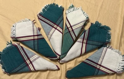 Vtg Set Of 6 Handmade Linen Teal Plaid Dinner Napkins With Fringe 18” X 16” - Image 1 of 4
