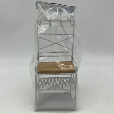 Miniature Dollhouse White Metal Kitchen Rack / Shelf Pan Hooks Butcher Block Top - Image 1 of 3