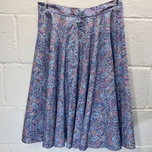 Vintage 1940s Size S 28" Waist Pleated Paisley Knee-Length Midi Skirt Blue Pink - Picture 1 of 8