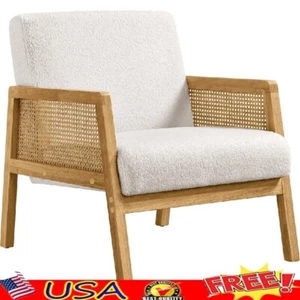 Upholstered Accent Chair W/ Rattan Sides Solid Wood Frame Ergonomic Comfort New - Picture 1 of 9