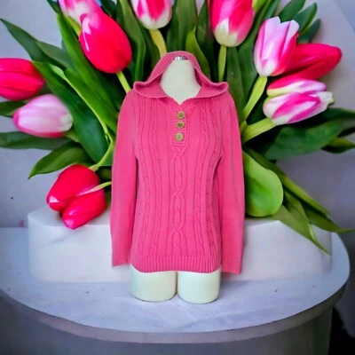 HAMPSHIRE STUDIO 100% Cotton Long Sleeve Hooded Pink Sweater CABLE KNIT Sz Small - Image 1 of 4