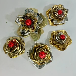 Vintage Tin Can Tramp Art Christmas Ornaments  Set of 5 Rose Flower Ornaments - Picture 1 of 16