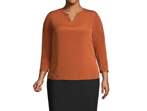 Lands End Women's Cinnamon Brown Roll Tab Sleeve Split Neck Blouse Top-Size 34W - Picture 1 of 3