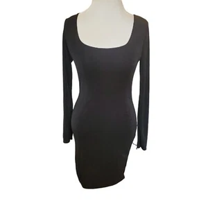 Boohoo Black Long Sleeve Sixy Fitted Tight Scoop Neck Slinky Dress 8 Medium LBD - Picture 1 of 8
