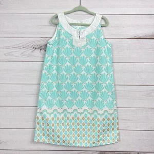 Gymboree Girls Teal Sea Shell Gold Glitter Accents Unlined Dress White Trim Sz 7 - Picture 1 of 6