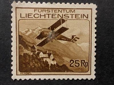 Avión Liechtenstein Scott #C 3 en estado bastante bueno MH 1930 25 Rappen sobre el castillo de Vaduz Foto 1 de 2
